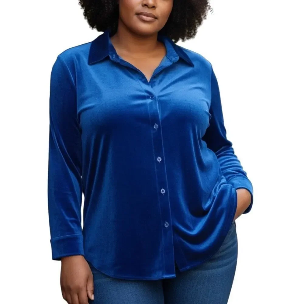 Soft Surroundings Royal Blue Velvet Button Down Top 1X